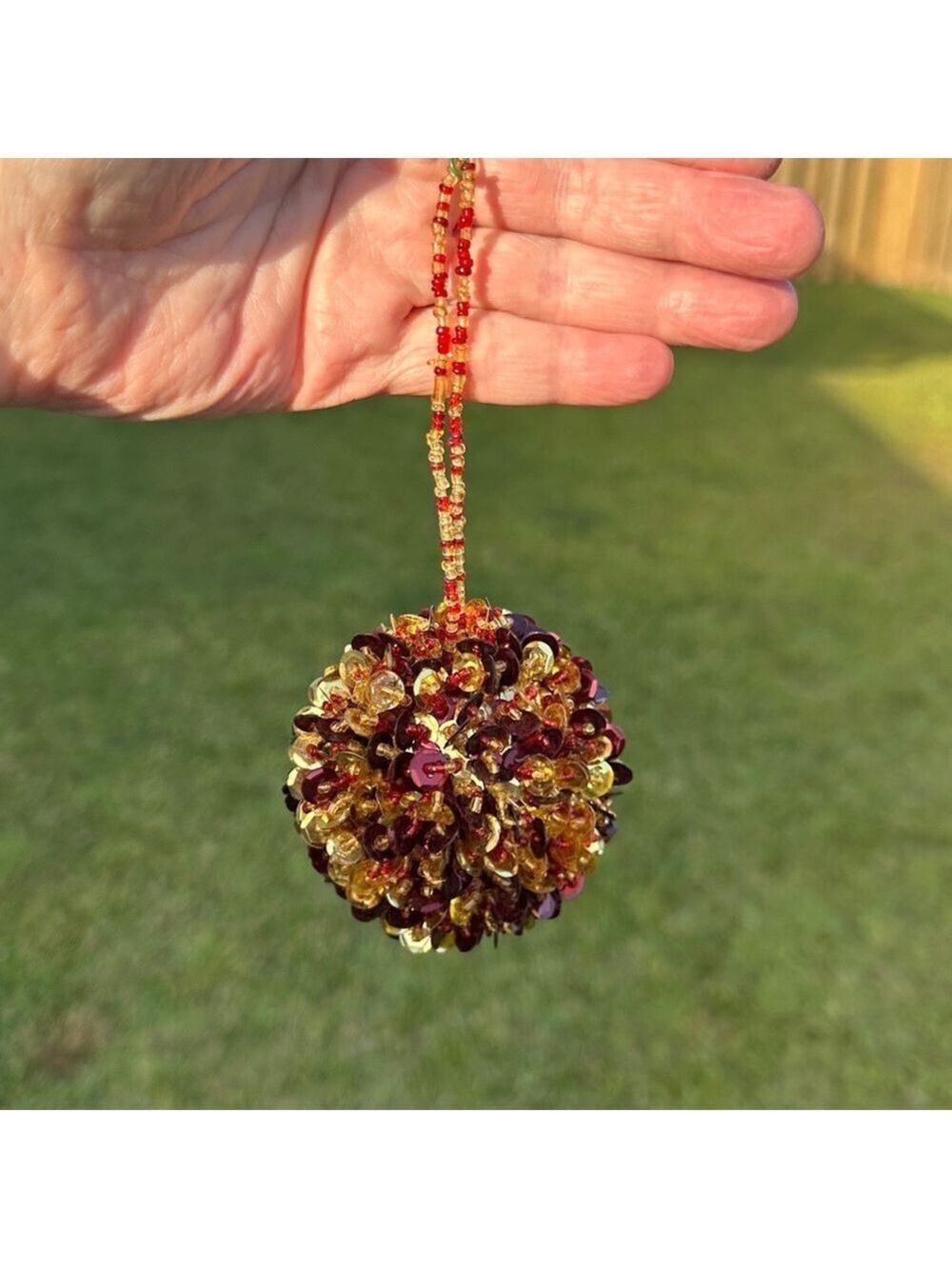 Vintage Handmade Festive Wine and Gold Push Pin Sequin & Beaded Satin Ornament